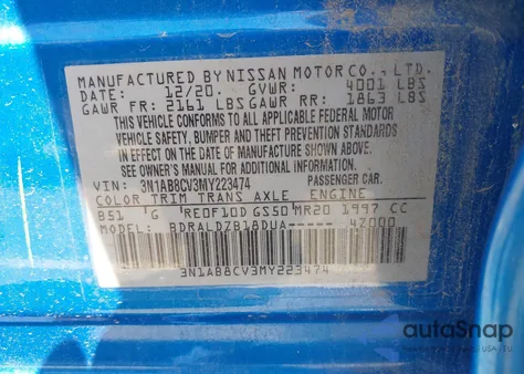 2021 Nissan Sentra Sv Xtronic Cvt z USA, uszkodzony, nr VIN 3N1AB8CV3MY223474